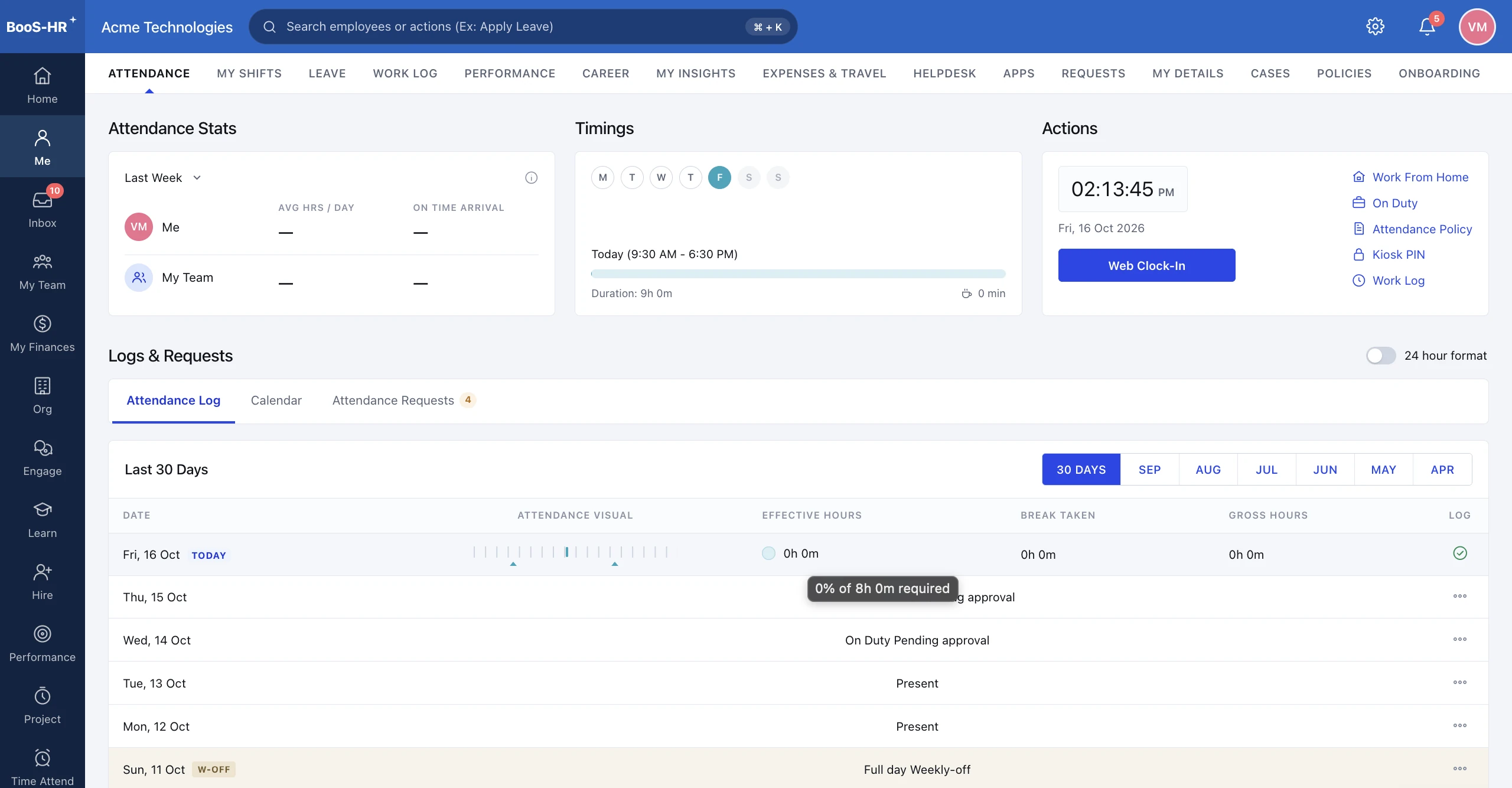 BOSS HRMS Attendance & web clock-in screen