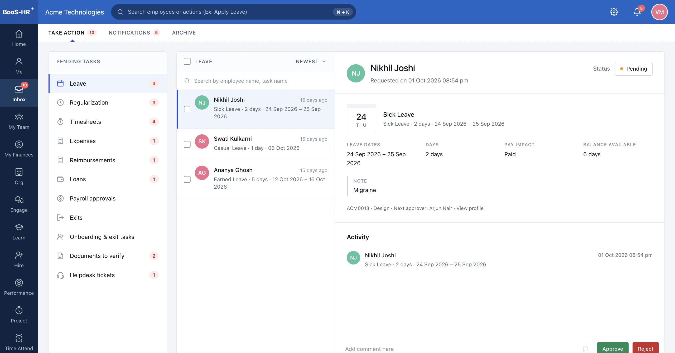 BOSS HRMS Approvals inbox screen