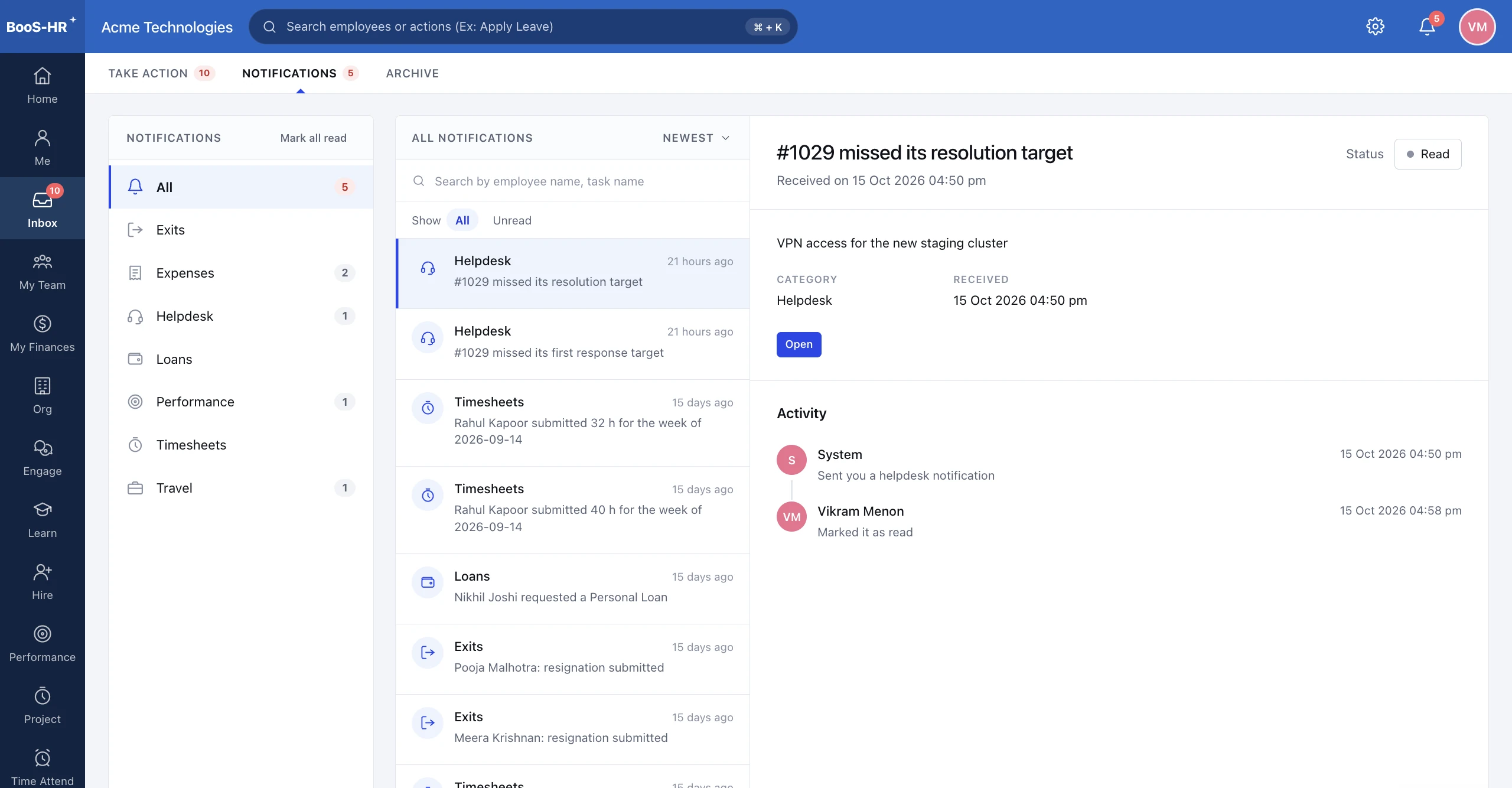 BOSS HRMS Notifications screen