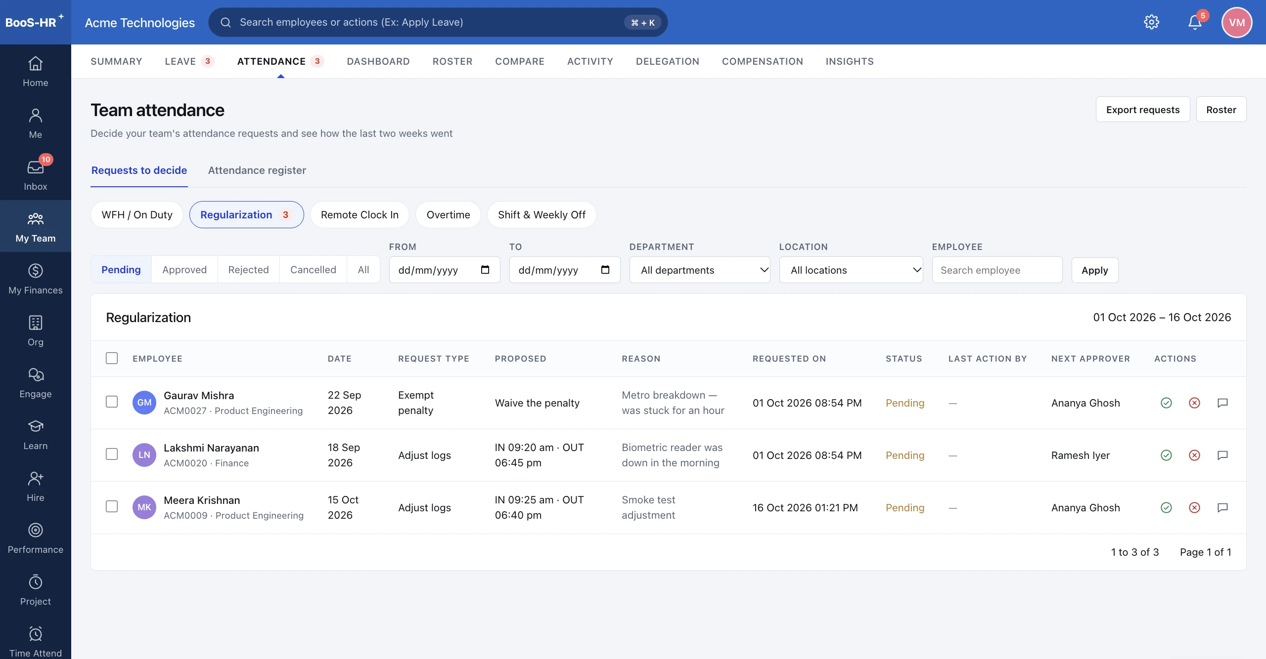 BOSS HRMS Team attendance requests screen