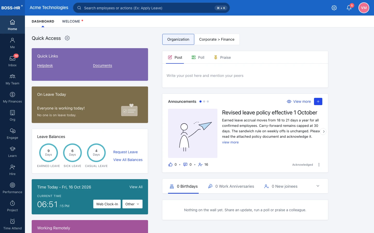 BOSS HRMS Employee home screen