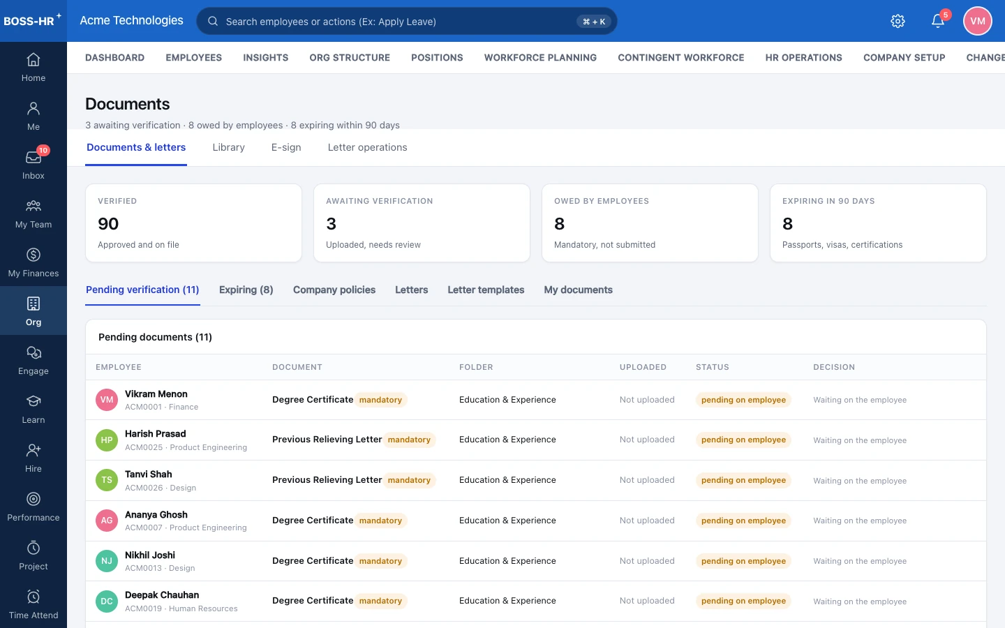 BOSS HRMS Documents & verification screen