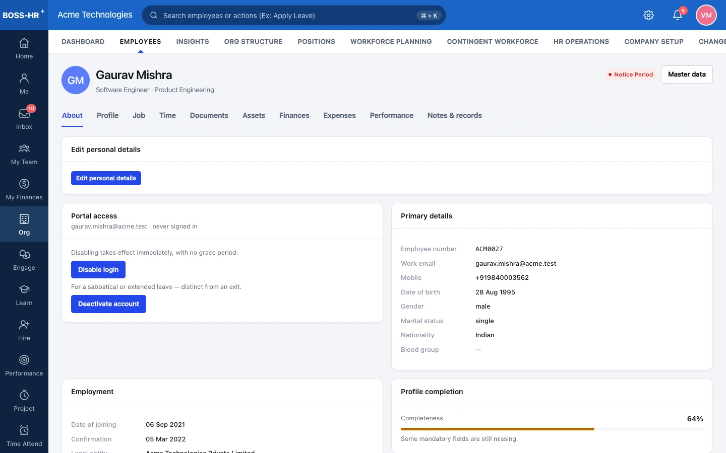 BOSS HRMS Employee profile screen