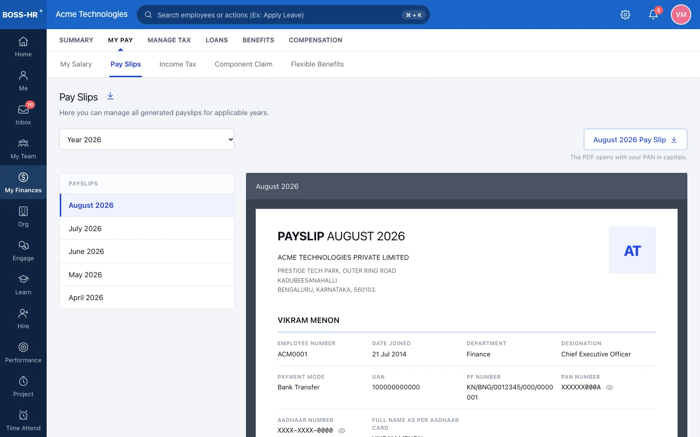 BOSS HRMS Payslips screen