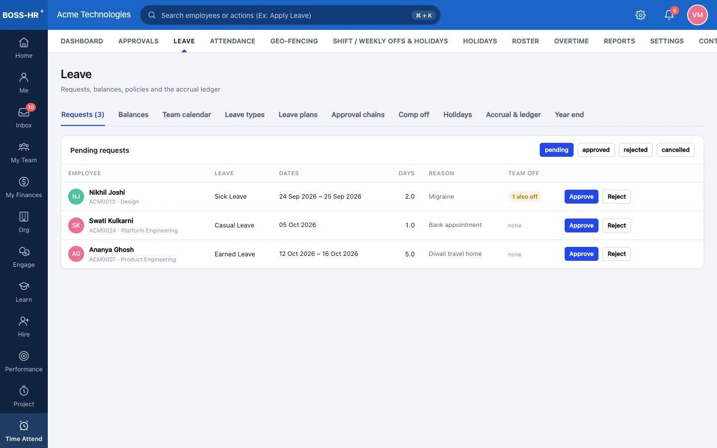 BOSS HRMS Leave requests screen