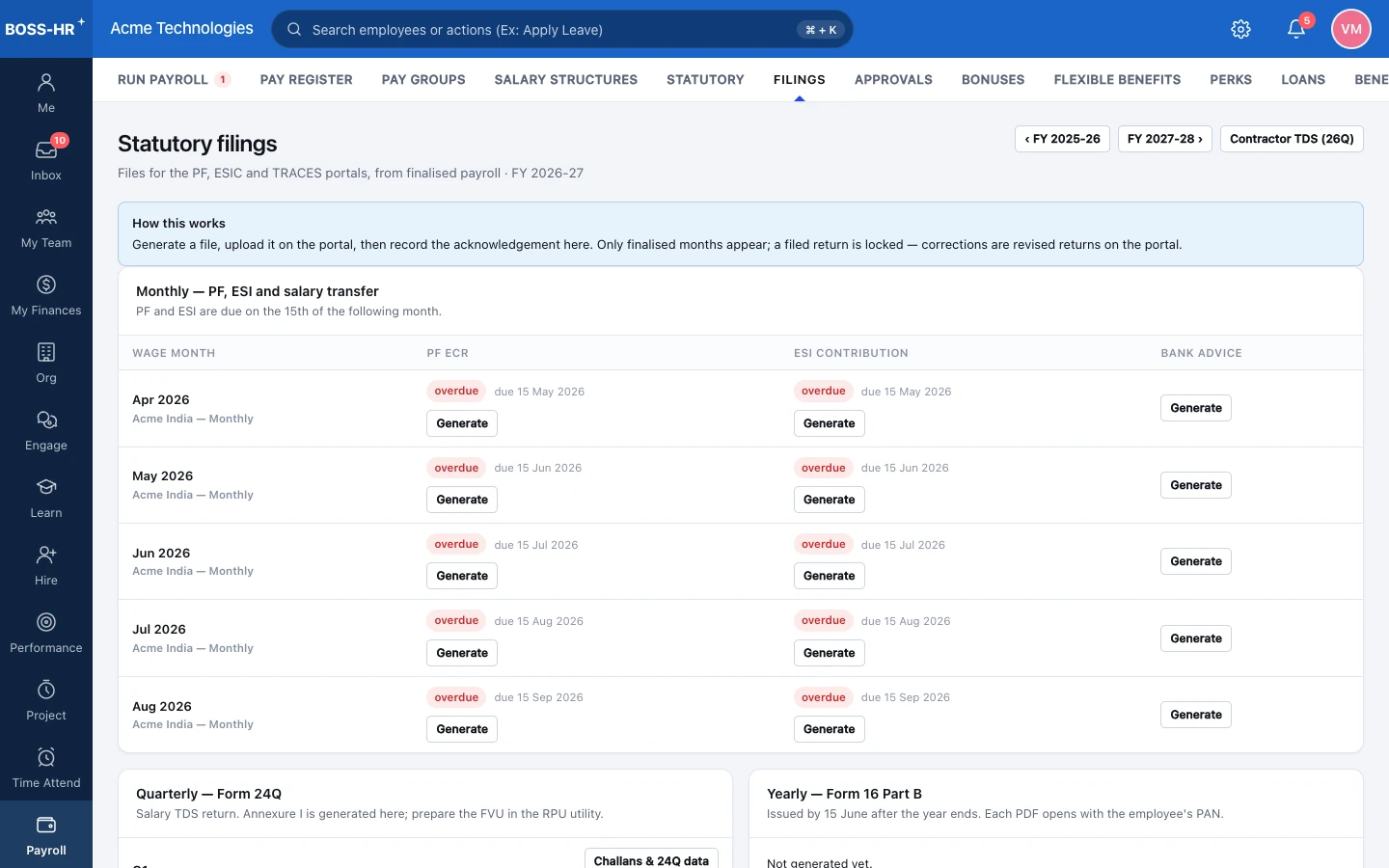 BOSS HRMS Statutory filings screen