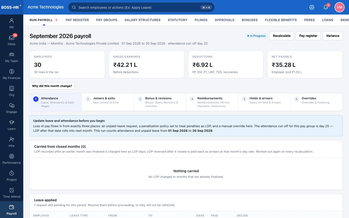 BOSS HRMS Payroll run detail screen