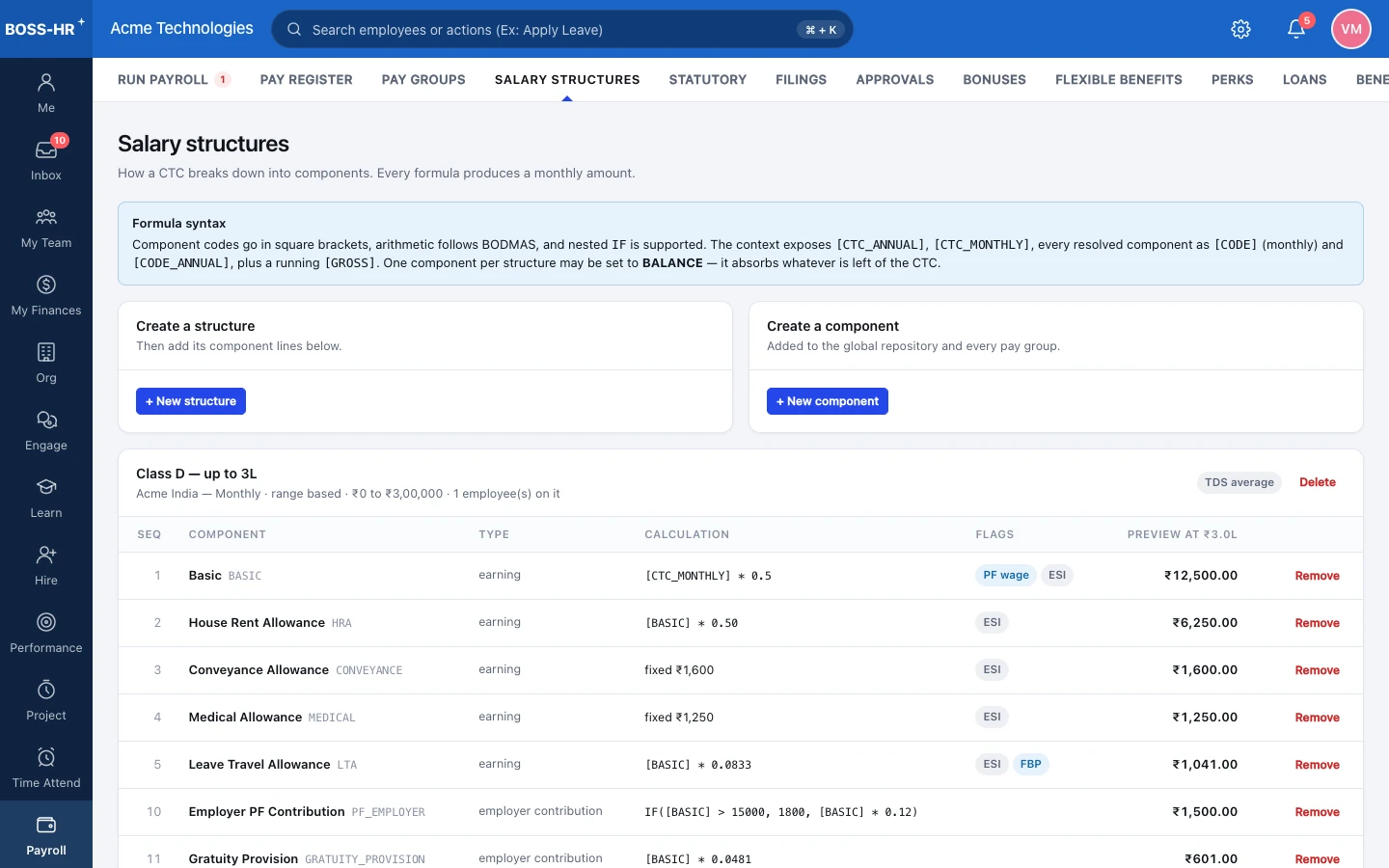 BOSS HRMS Salary structures screen