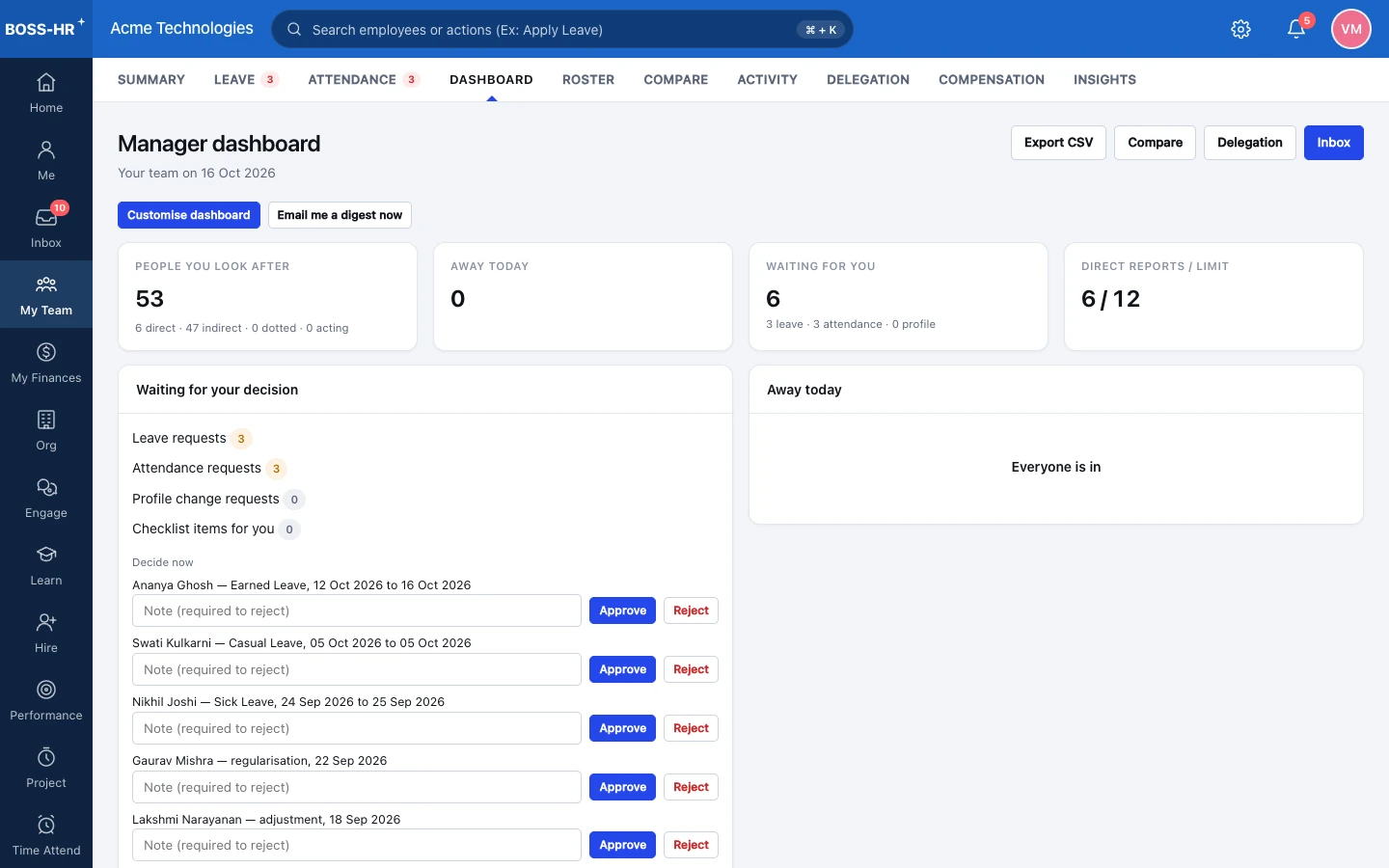 BOSS HRMS Manager dashboard screen